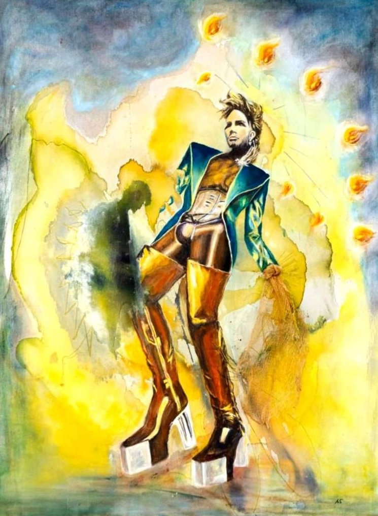 Künstlerische Darstellung eines Mannes mit aufgerissenen Kleidern und hohen Absätzen, umgeben von leuchtenden, feurigen Elementen in einem bunten, abstrakten Hintergrund.