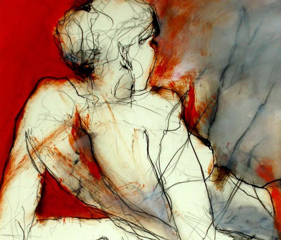 Zeichnung eines weiblichen Körpers, der mit schwarzen Linien skizziert ist, auf rotem und anderen warmen Hintergründen.