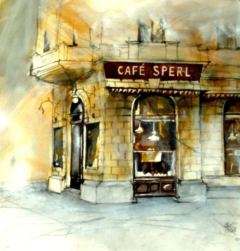 A watercolor painting of a corner café called 'Café Sperl' with a red sign and large windows, on a street with cobblestone pavement.