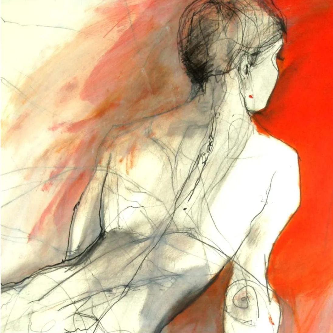 Skizze eines sitzenden, nachdenklichen Menschen mit gestreifter Kleidung, vor rot-orangefarbenem Hintergrund.