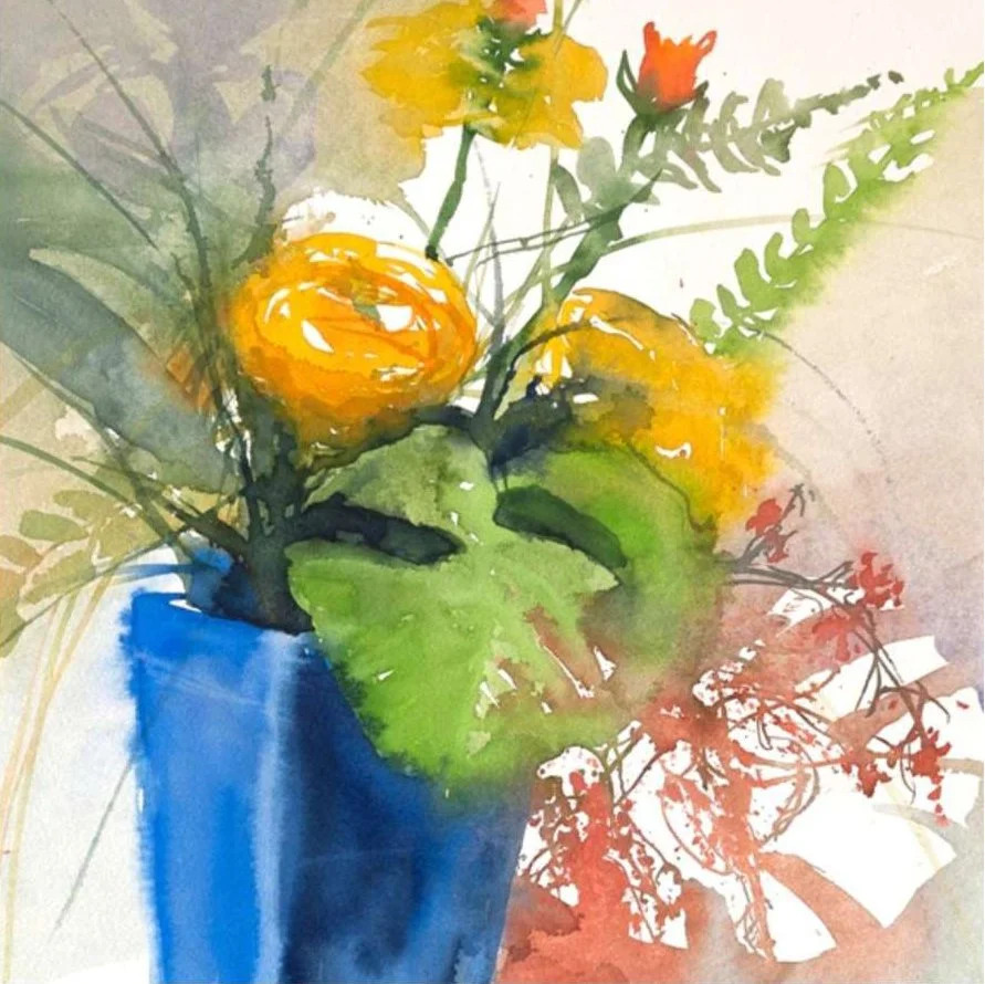 A watercolor painting of a bouquet of flowers in a blue vase, including yellow and orange flowers with green leaves.