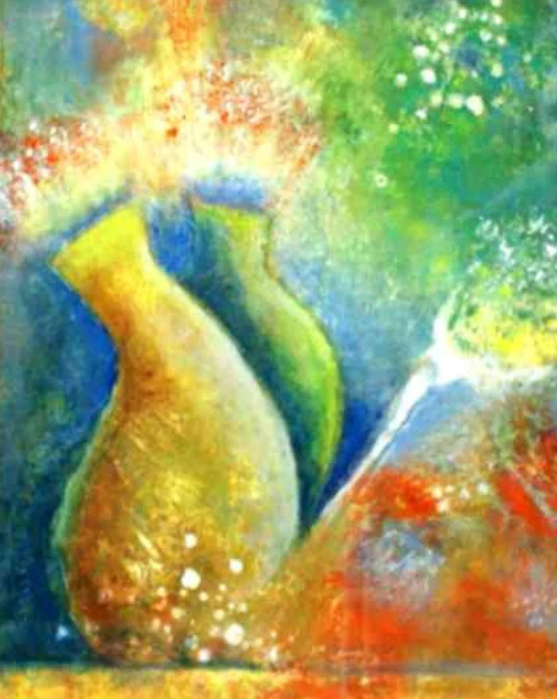 Abstraktes Gemälde mit bunten Farben, Formen und Texturen, die an eine Blumen- oder Pflanzenlandschaft erinnern.