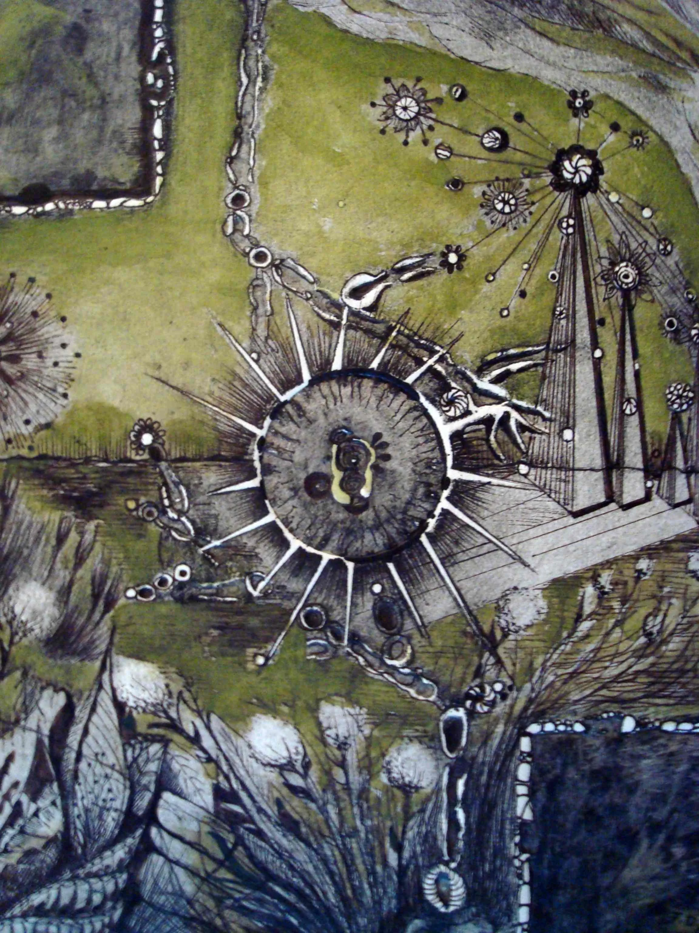 Abstrakte Kunstdarstellung mit botanischen Elementen, Kreisen und Linien auf einer grünen Fläche, gemalt in Schwarz, Weiß und Grau.