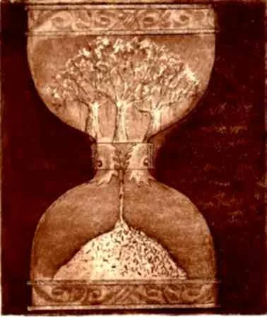 Ein Baum wächst in einer Sanduhr, symbolisiert Zeit und Wachstum.