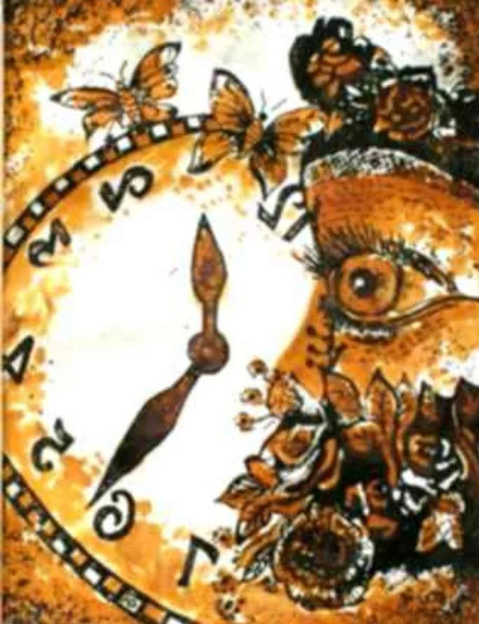 Kunsthandwerk mit einem Uhrenmotiv, umgeben von Schmetterlingen, Blumen und einer Eule, in warmen Orangetönen.