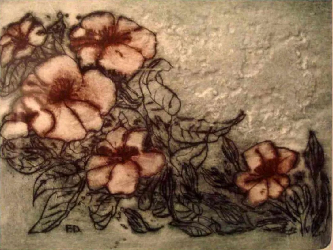 Zeichnung von Blumen mit schwarzen Linien und brauner Färbung auf einem beige Hintergrund.