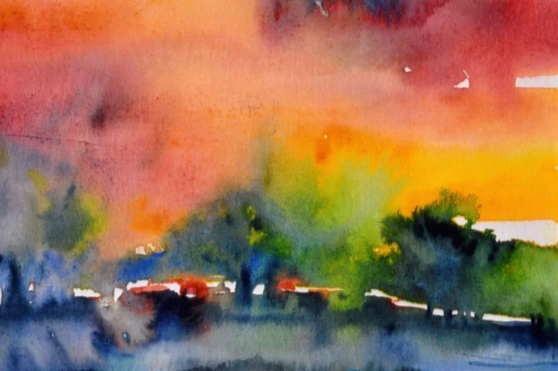 Aquarellkunstwerk mit bunten Farbflecken, hauptsächlich in Orange, Grün, Blau und Gelb, keine klaren Formen erkennbar.