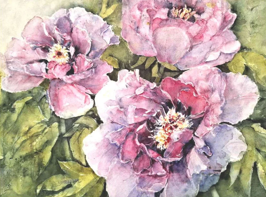 Aquarellmalerei von pinken Blumen mit grünen Blättern im Hintergrund.