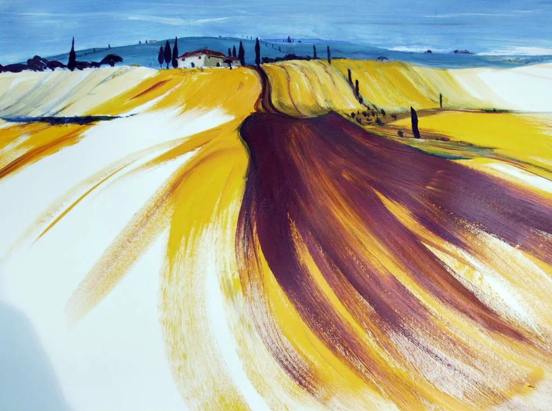 A landscape painting of rolling hills with a dirt road, cypress trees, and a house in the distance.