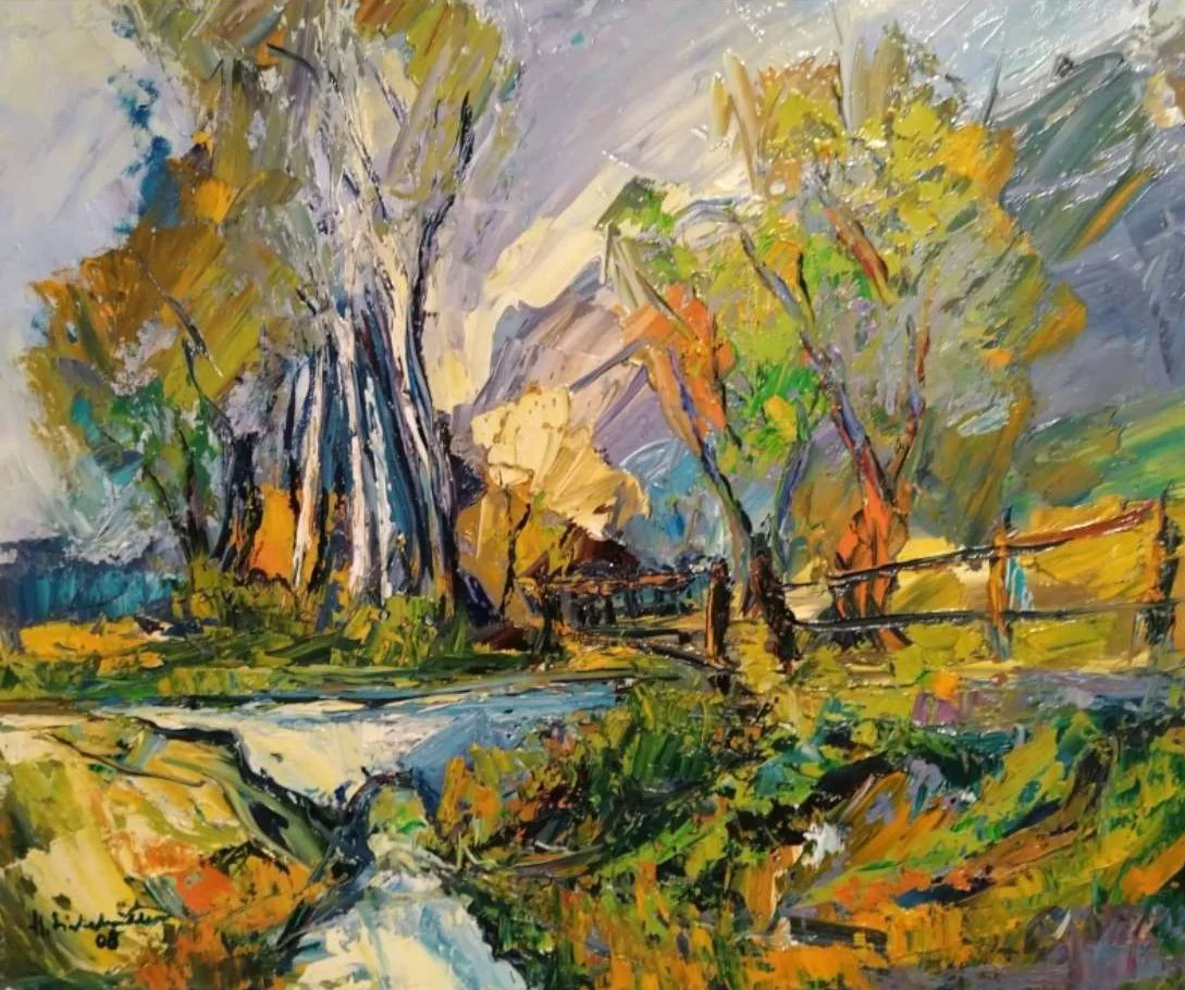 Ein farbenfrohes abstraktes Gemälde einer Landschaft mit Bäumen, Fluss und Himmel im Impressionismus-Stil.