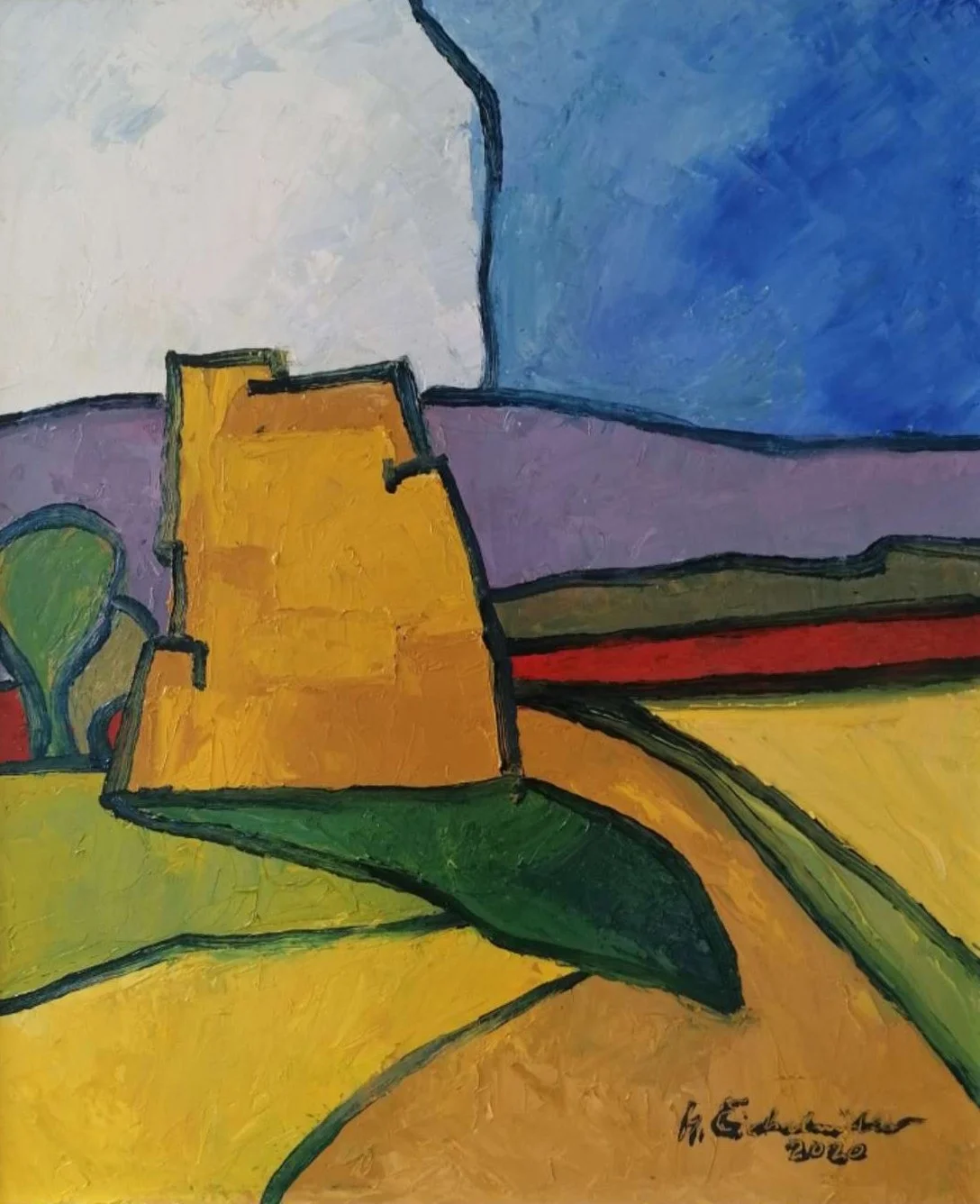 Abstraktes Gemälde mit bunten geometrischen Formen, hauptsächlich in Gelb, Blau, Grün, Rot, Lila und Weiß, mit schwarzen Konturen. Das Gemälde ist im Stil des Expressionismus gehalten.