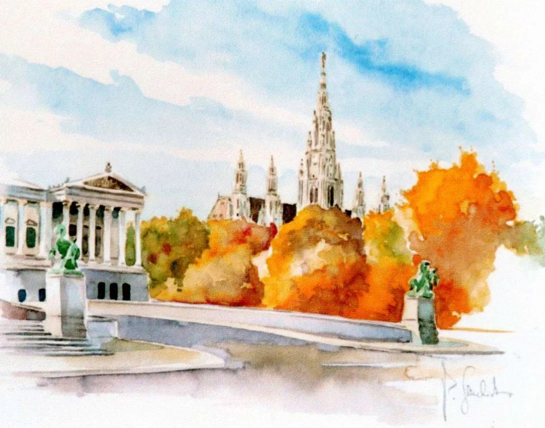 Eine Aquarellmalerei, die ein Schloss im Hintergrund, bunte herbstliche Bäume und eine Brücke mit Statuen im Vordergrund zeigt.