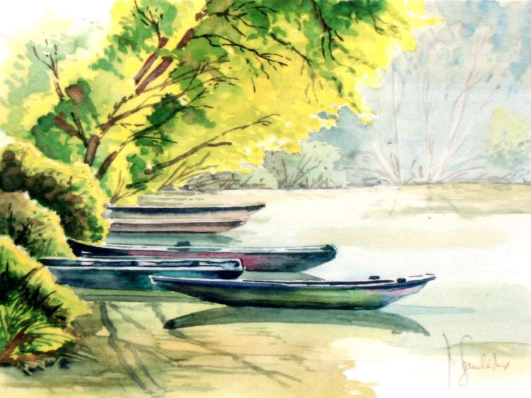 A Aquarellmalerei von Boten am Fluss, umgeben von Bäumen und Sträuchern in grünen und gelben Tönen.
