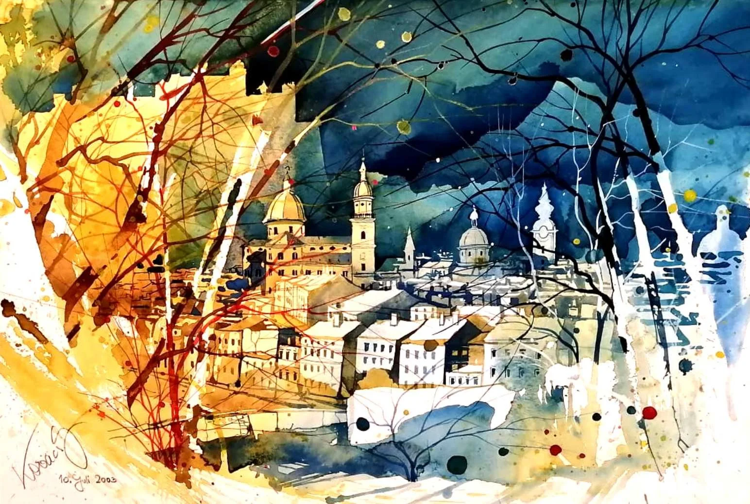 A watercolor painting of a cityscape featuring church buildings with domes and spires, surrounded by trees with bare branches, under a dark, cloudy sky with splashes of color.