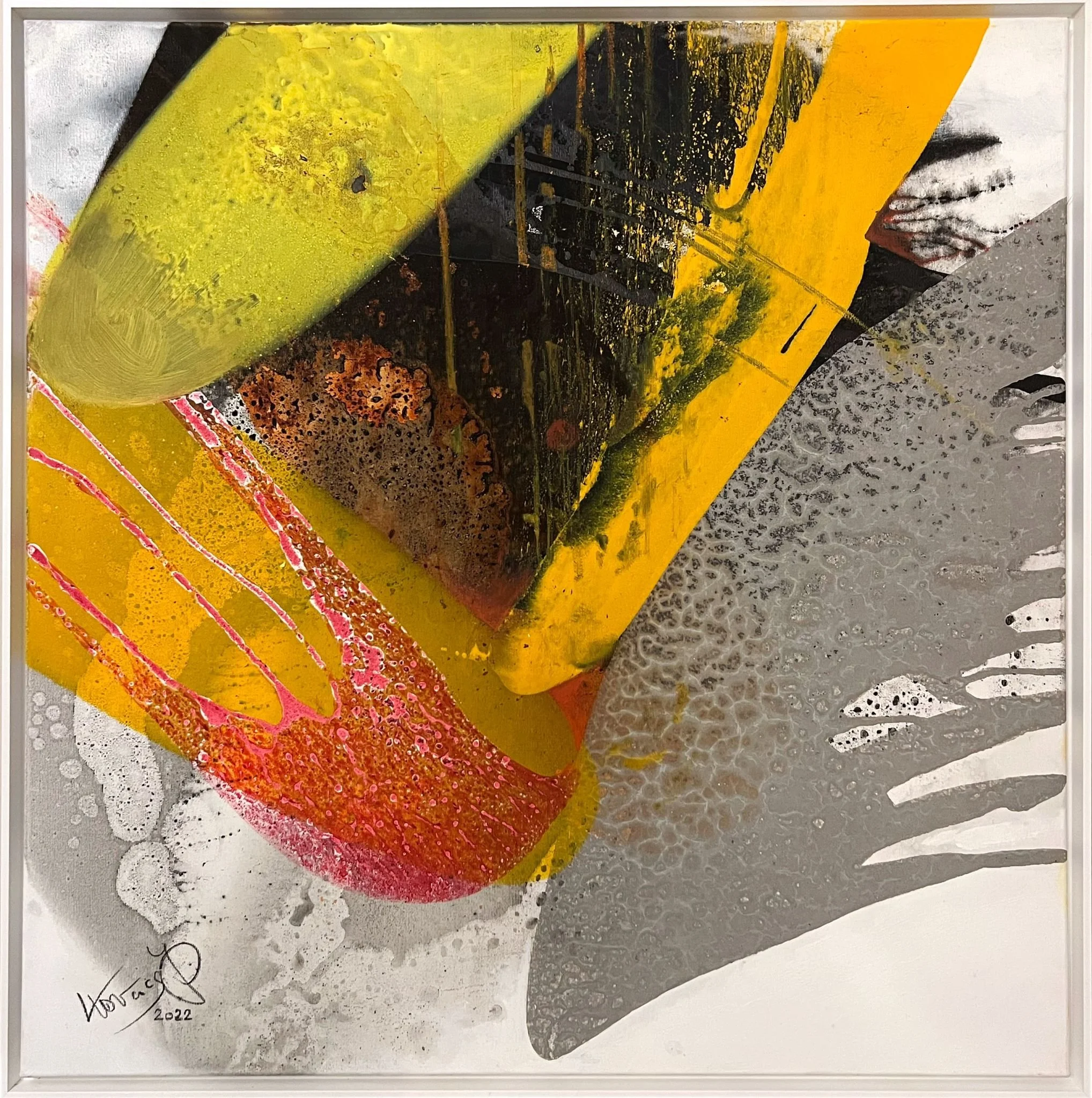 Abstrakte moderne Kunst mit Gelb, Orange, Schwarz, Rosa, Grau und Weiß, farbige Linien, Spritztechniken und Texturen.