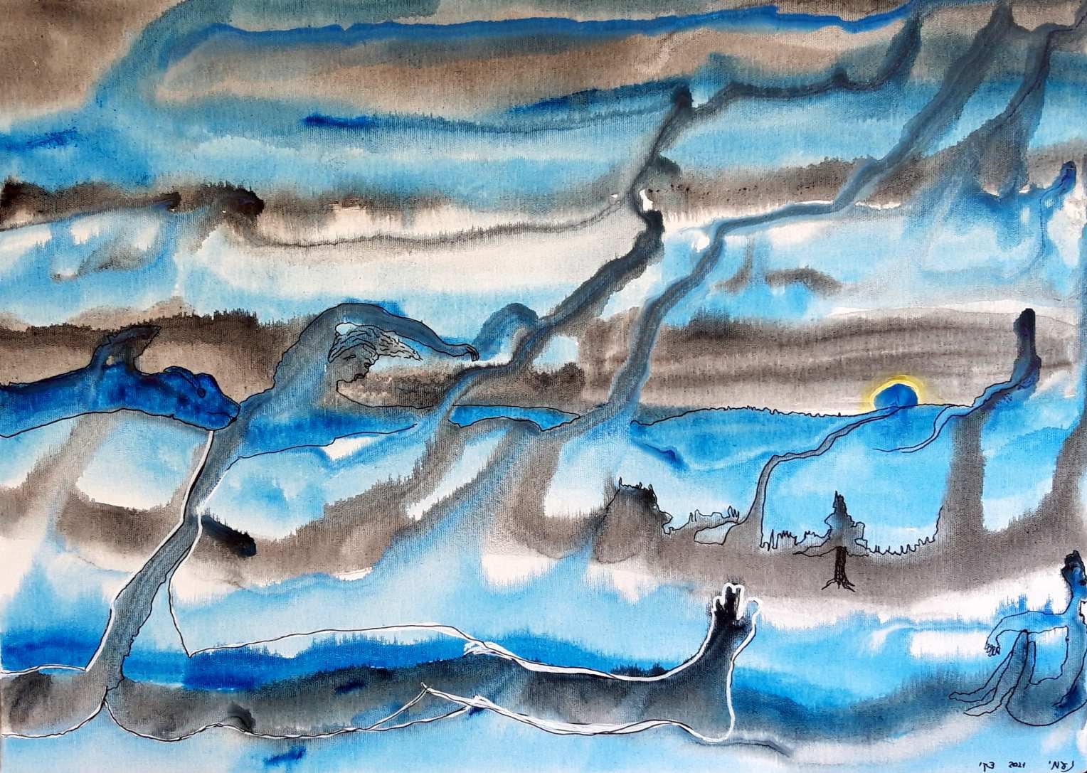 A watercolor painting of a landscape with dark clouds, blue sky, and a setting sun on the horizon. The scene includes mountains, trees, and a fallen tree trunk in the foreground.