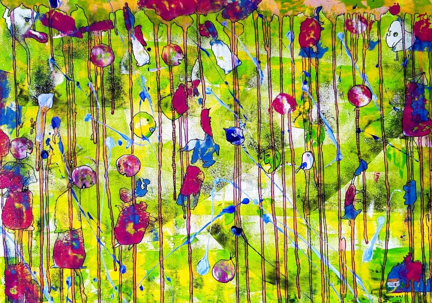 Abstraktes Gemälde mit bunten, vertikalen Linien und Kugeln, lebendig, farbenfroh, mit Spray- und Tropfeneffekten, künstlerische Darstellung.