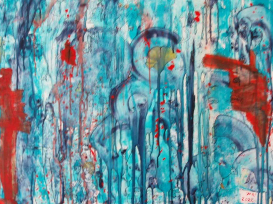 Abstraktes Graffiti-Kunstwerk mit blauen, roten und schwarzen Farbtropfen und Schwüngen