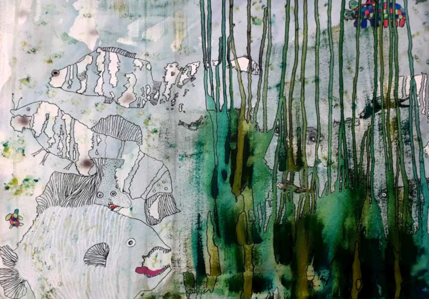 Gemälde einer Unterwasserwelt mit Fischen, Wasserpflanzen und bunten Details, kombiniert mit linearen Skizzen