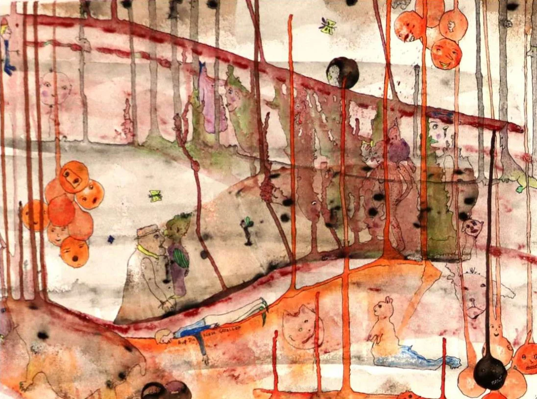 Ein abstraktes Kunstwerk mit Tier- und Menschenmotiven, das durch Wasserfarben und Linien gestaltet ist.