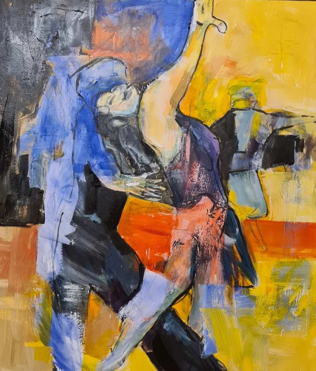 Abstrakte Malerei eines Paares beim Tanzen, mit lebendigen Farben wie Blau, Gelb, Schwarz und Orange.