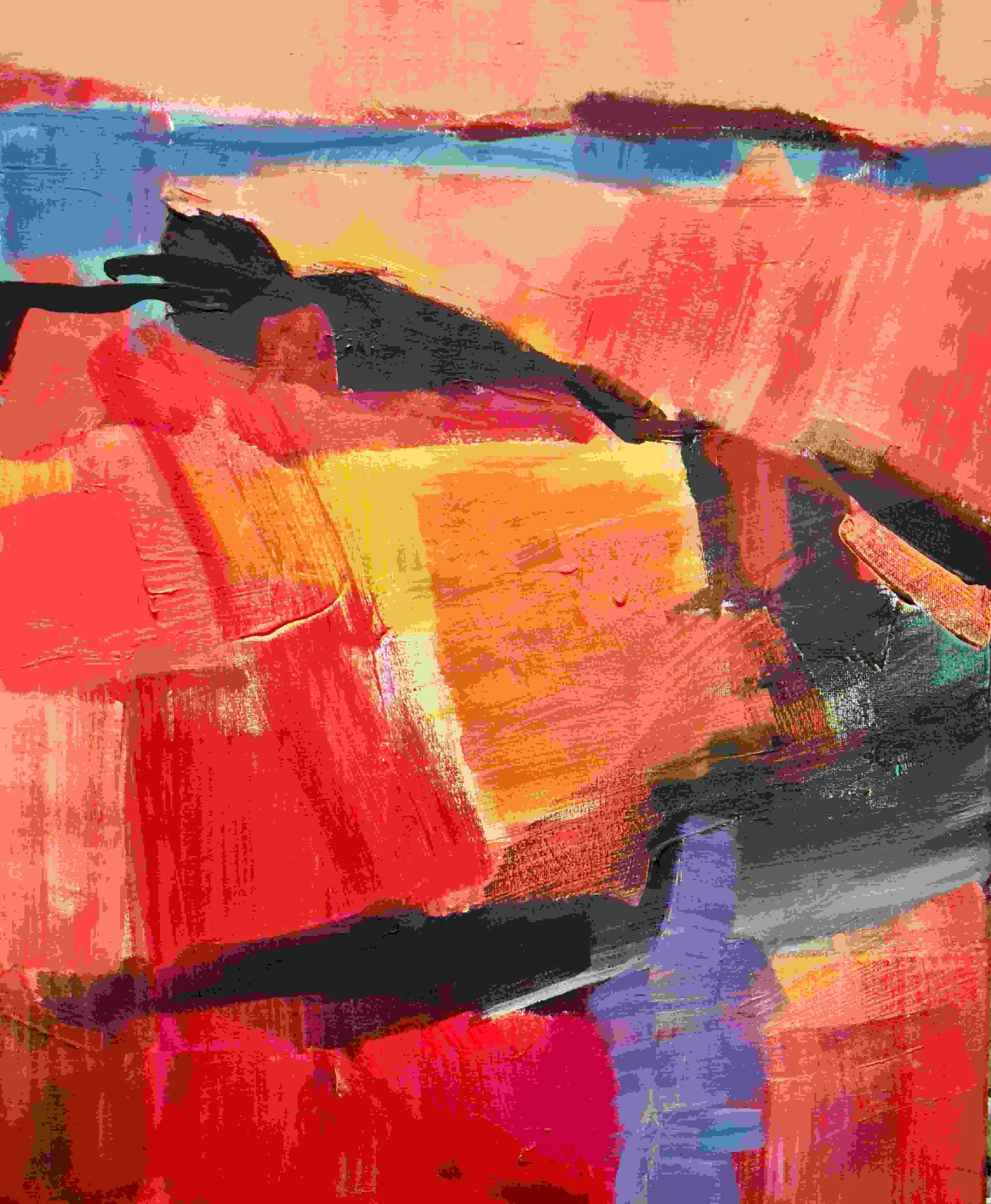 Abstraktes Gemälde mit kräftigen Pinselstrichen in Rot, Orange, Schwarz, Blau und Gelb.