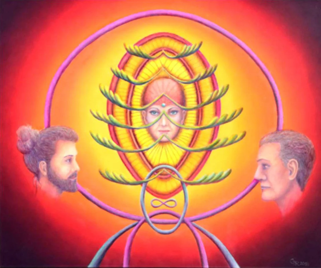 Ein farbenfrohes, spirituelles Gemälde mit einer zentralen menschlichen Gesichtsdarstellung, umgeben von bunten, wellenförmigen Linien, mit zwei männlichen Köpfen auf der linken und rechten Seite, die miteinander verbunden sind.