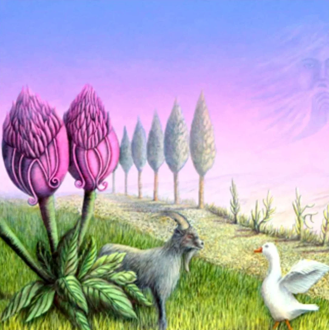 Malerei mit pinken Blumen, einer Ziege, einer Ente und Bäumen im Hintergrund, hellem Himmel.