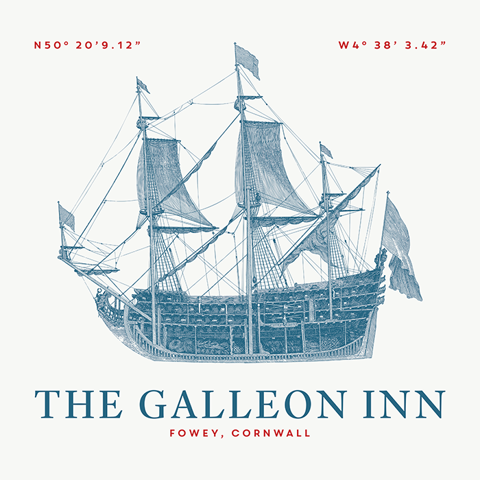The Galleon Inn Logo - Blue hand drawn galleon with red co-ordinates - Fowey Cornwall