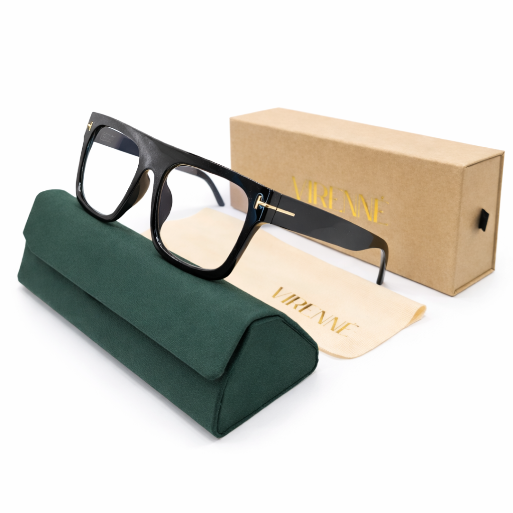 VIRENNE thick black reading glasses with forest green protective case, box and cleaning cloth