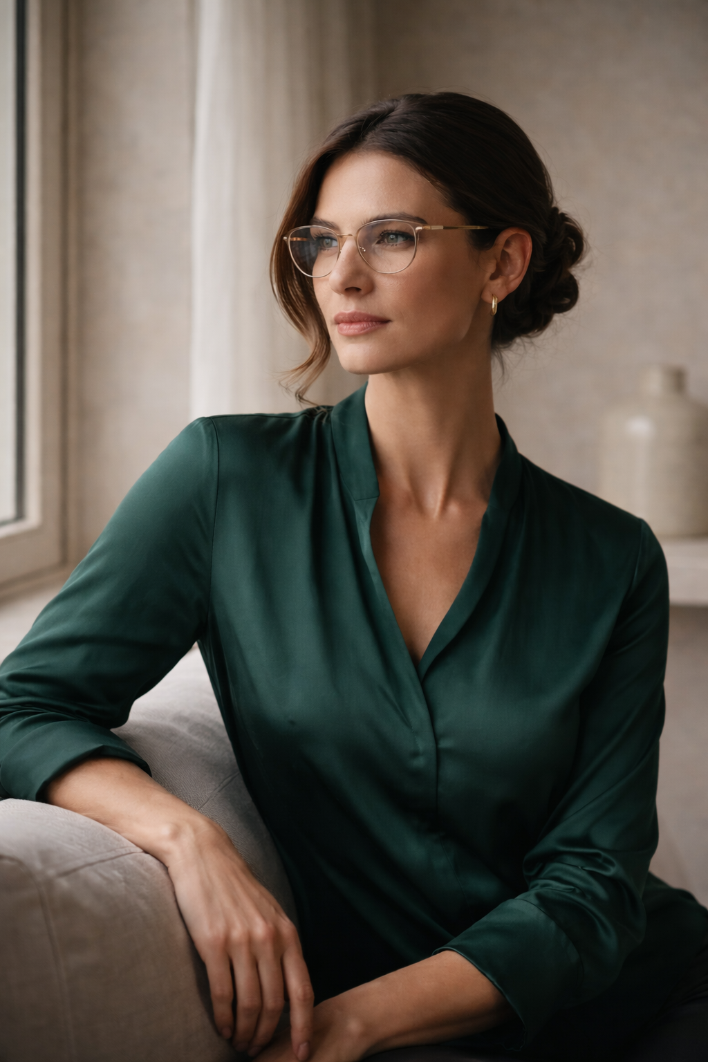 A woman with dark hair, wearing glasses and a green satin blouse, sitting on a couch near a window.