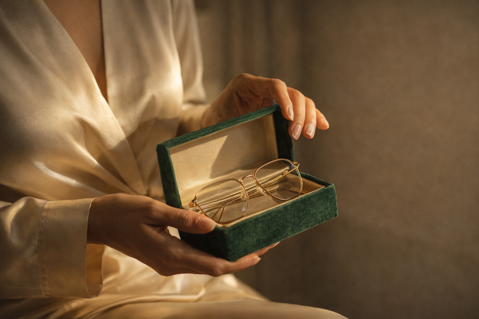 Person in silk pajamas holding a green jewelry box with gold-rimmed glasses inside.