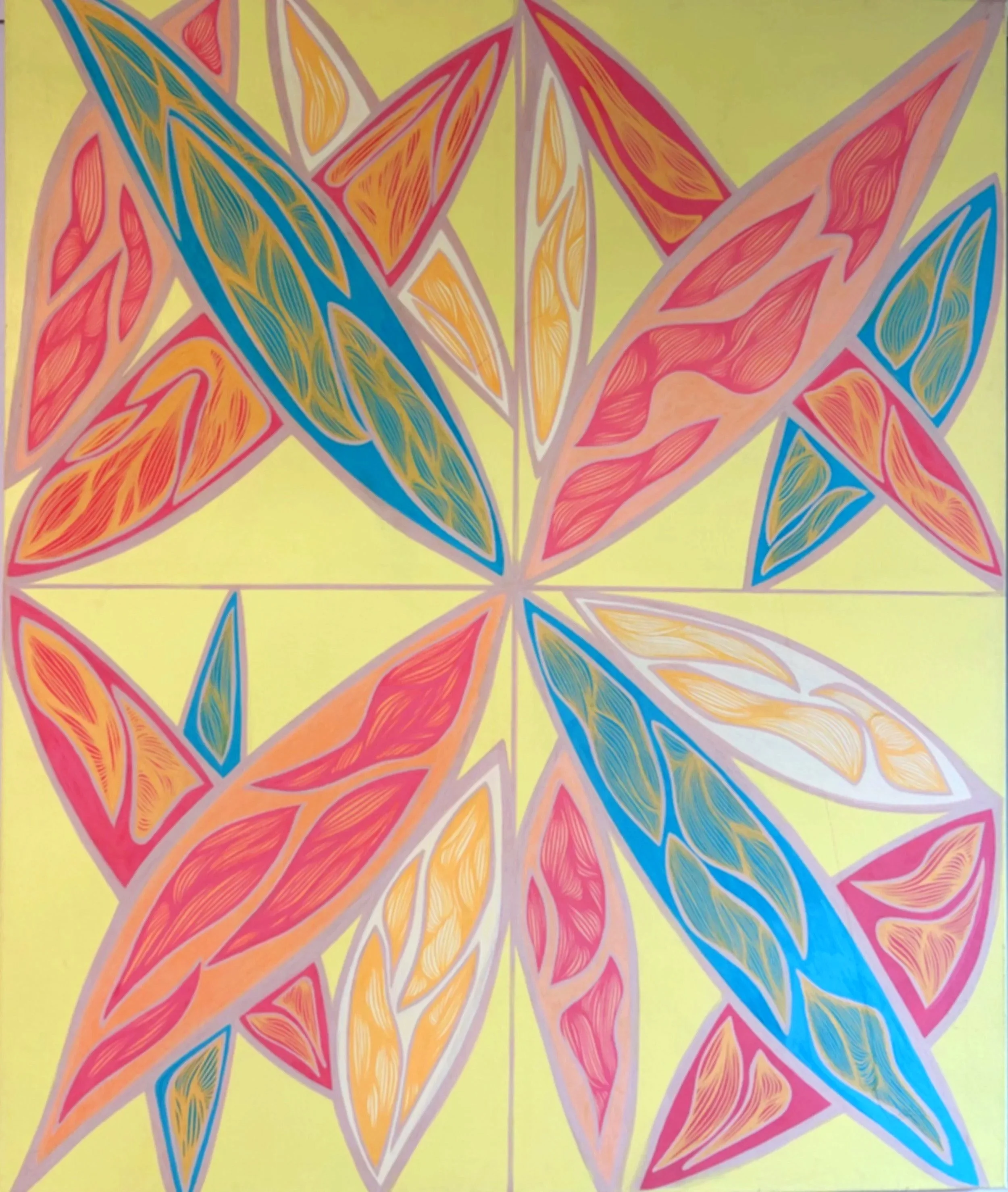 "Crisp flames against a tranquil background”, akryl og posca på lærred, 100 x 100 - 2026