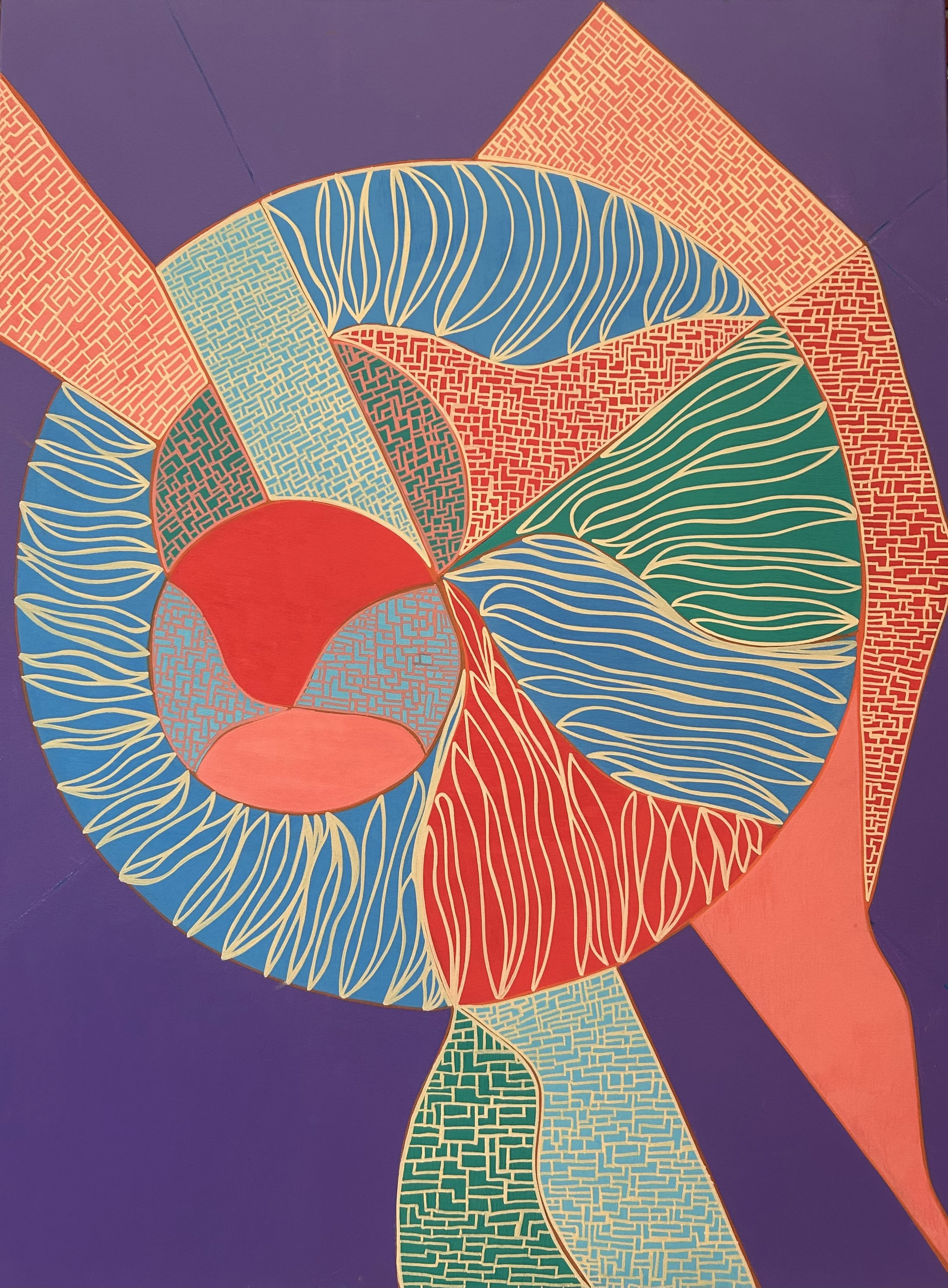 "Blazing sun in broken stone", akryl og posca på lærred, 90 x 120 - 2025