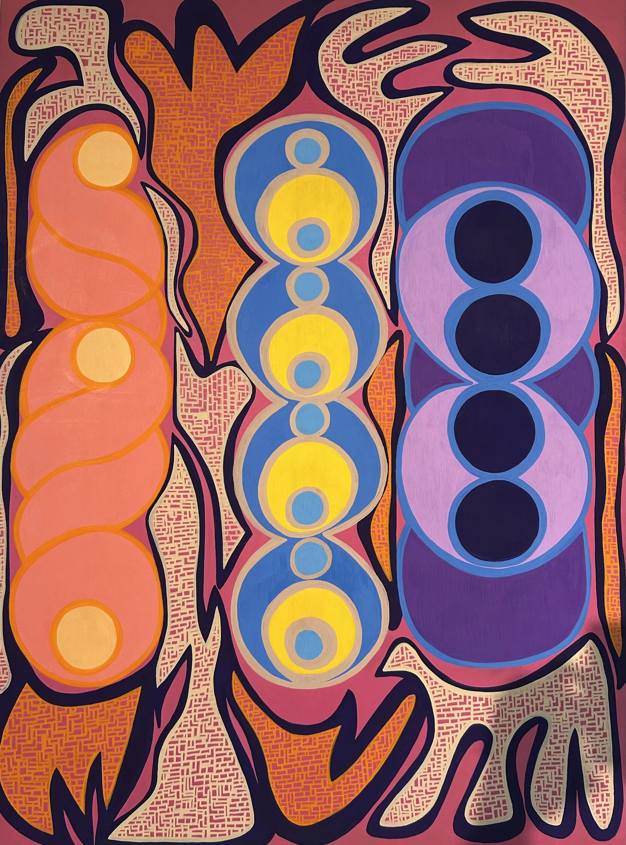 "A distorted Bauhaus in a maximalist universe", akryl og posca på lærred, 90 x 120 - 2026