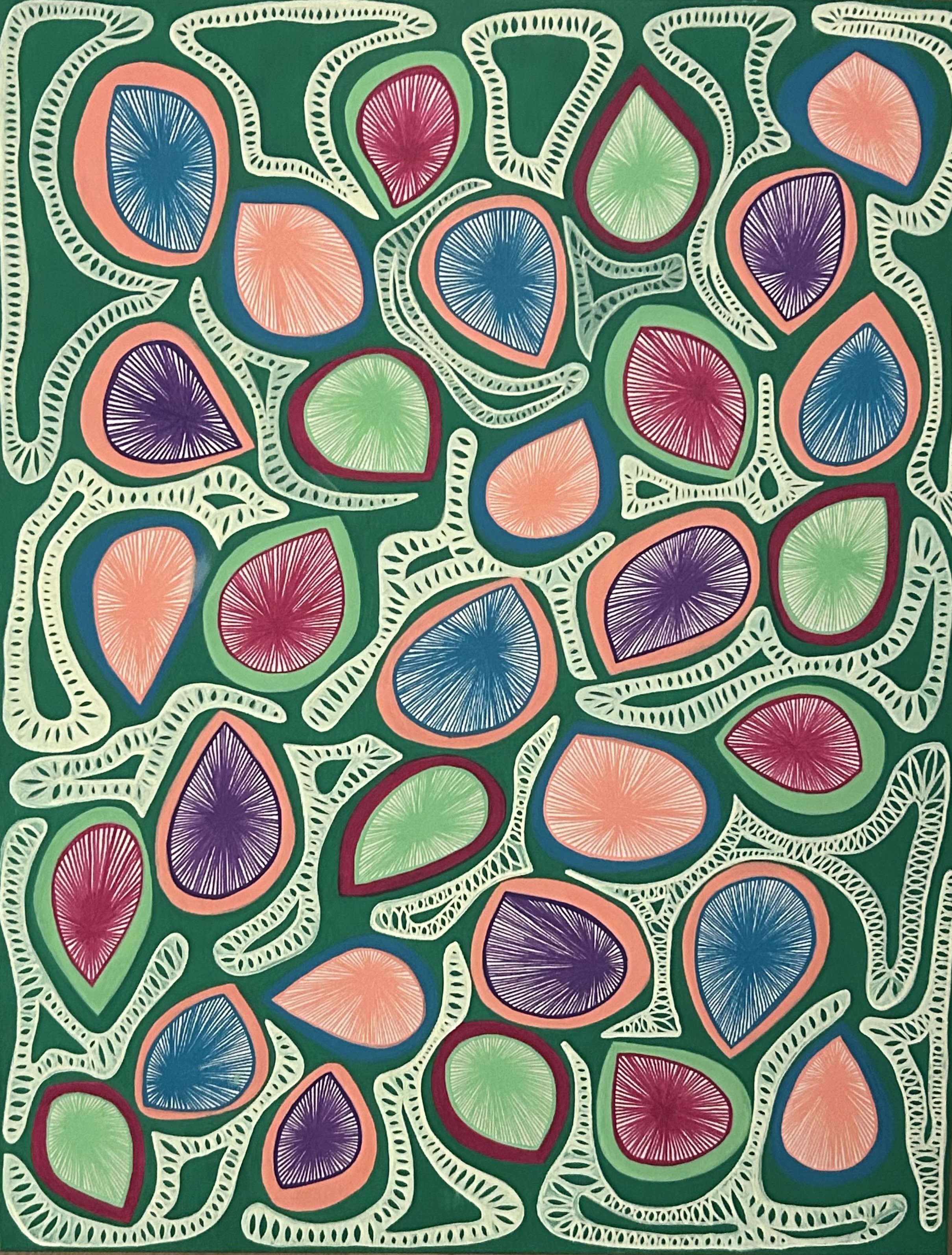 "Coiling worm skeletons within a hallucinogenic floral landscape”, akryl og posca på lærred, 70 x 90 - 2025