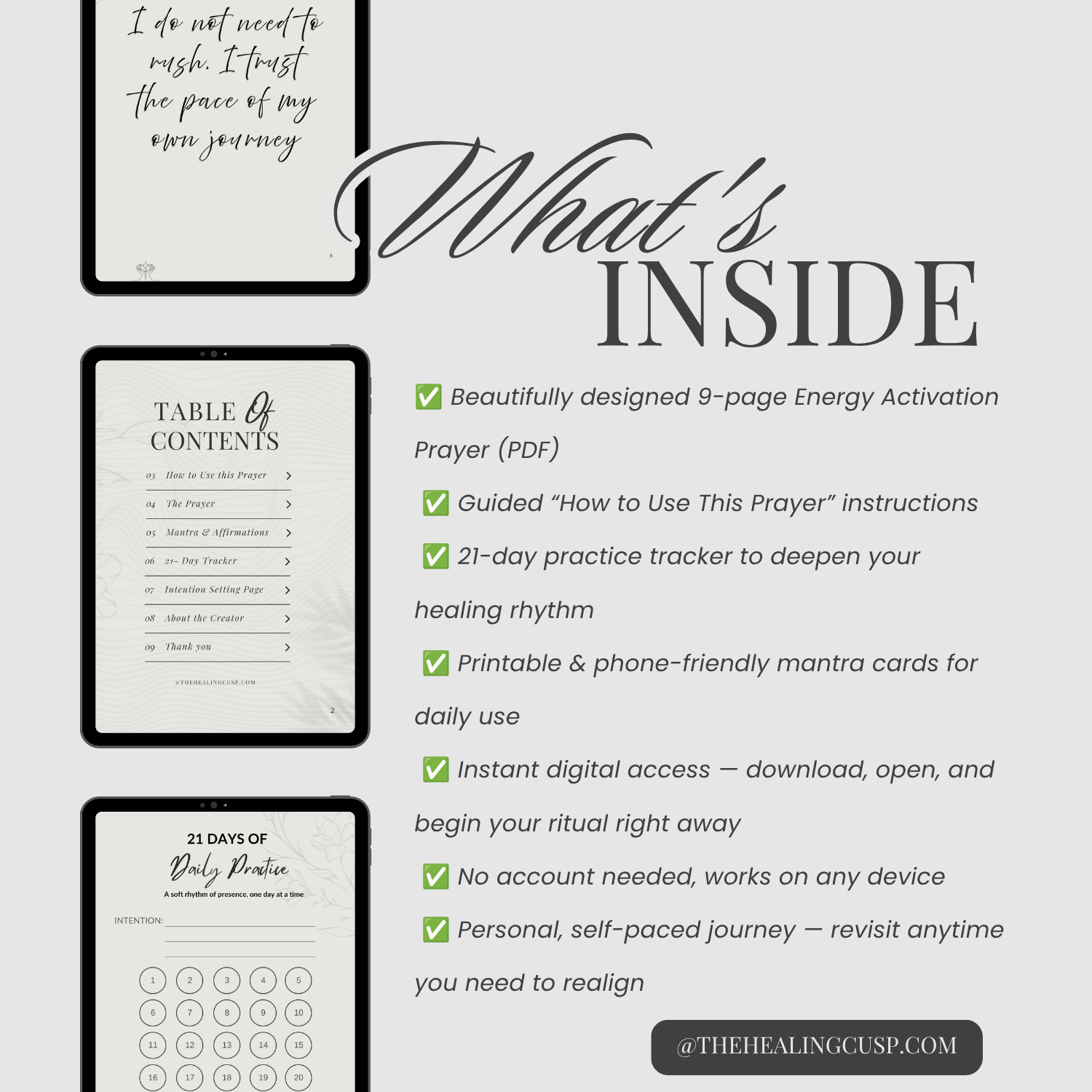 What's inside Creation & Trust — prayer, tracker, mantra cards by The Healing Cusp