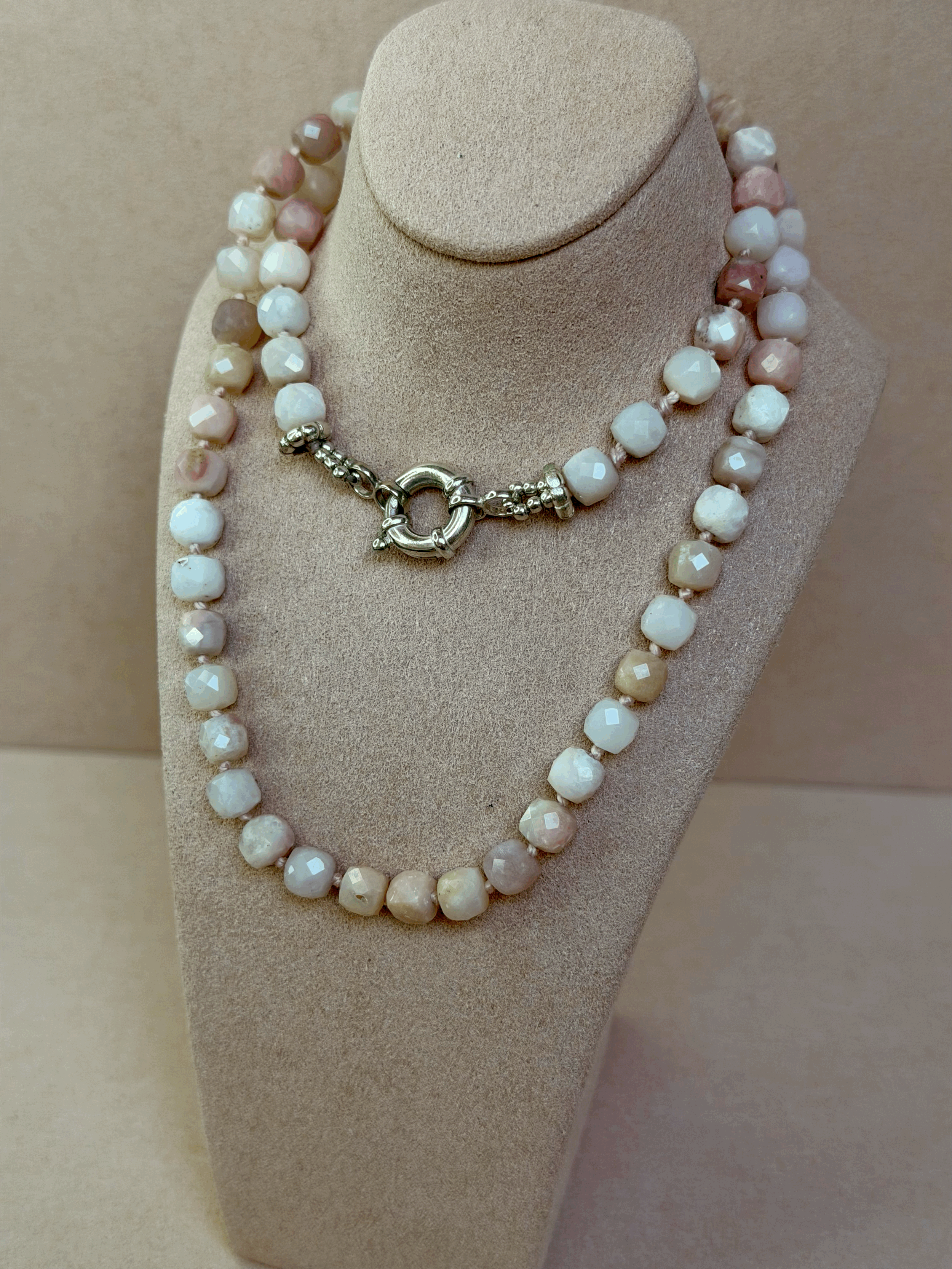Hand-Knotted Pink Opal Necklace on Teal Cord