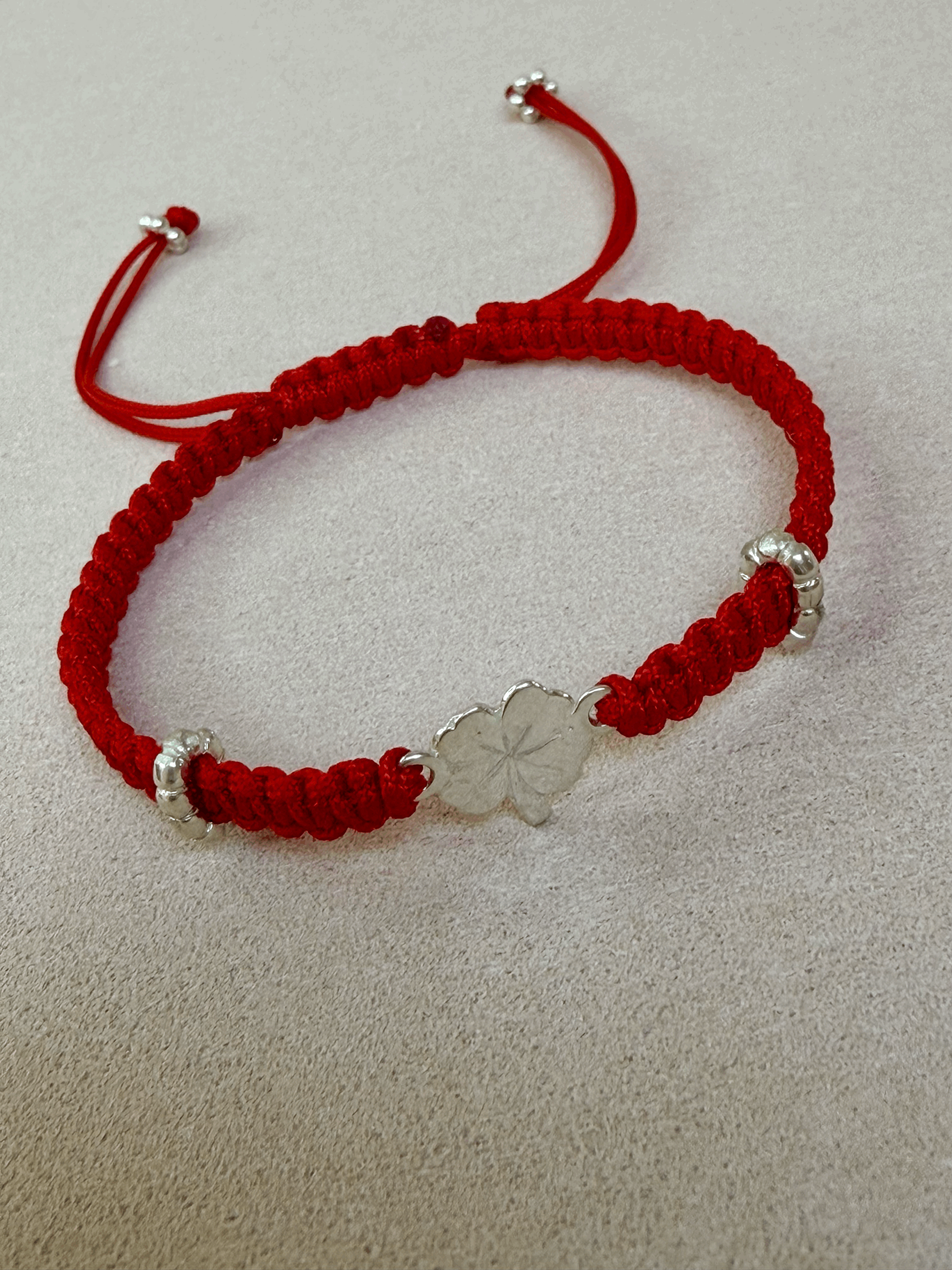 Red String Protection Bracelet with Silver Clove Charm