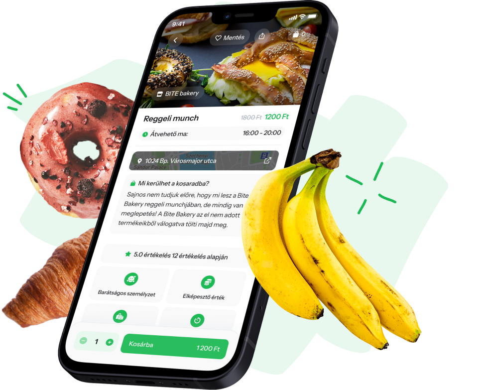 Smartphone displaying a food delivery or reservation app with images of a breakfast dish and a rating, surrounded by a donut, croissant, and bananas.