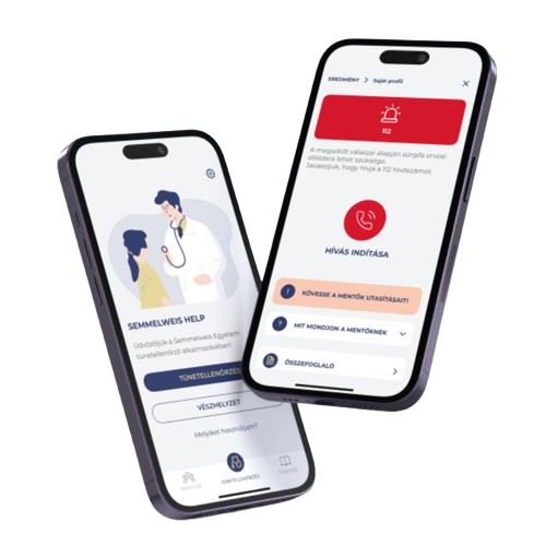 Two smartphones displaying medical apps, one showing a doctor and patient illustration with health information and the other showing a red alert with emergency contact options.