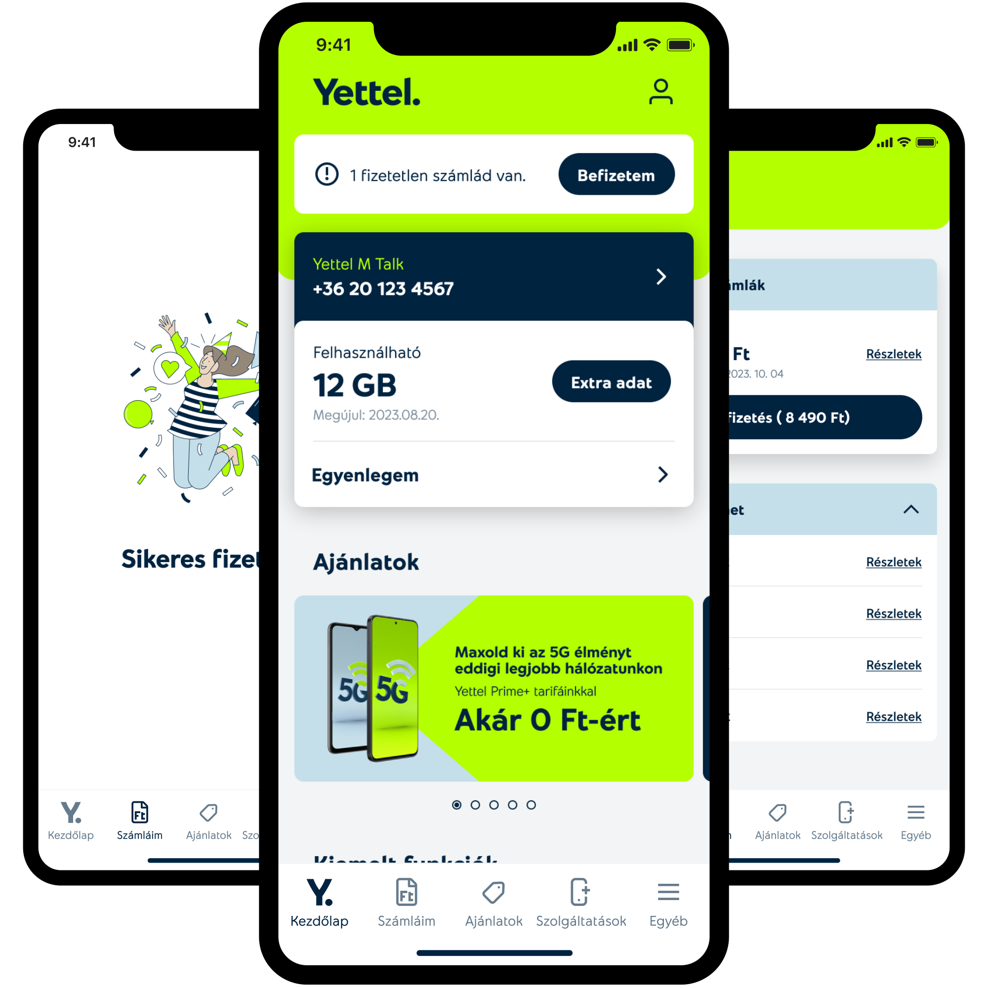 Screenshots of a mobile app interface in Hungarian language showing account balance, offers, and promotional deals with a bright green and white color scheme.