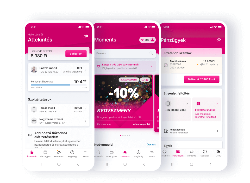 Screenshots of a mobile banking app, displaying account balance, recent transactions, and promotional offers, all with a pink-themed interface.