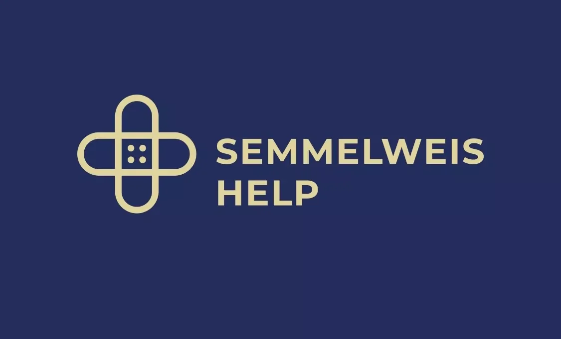 Semmelweis Help logo with a medical cross and text on a dark blue background.