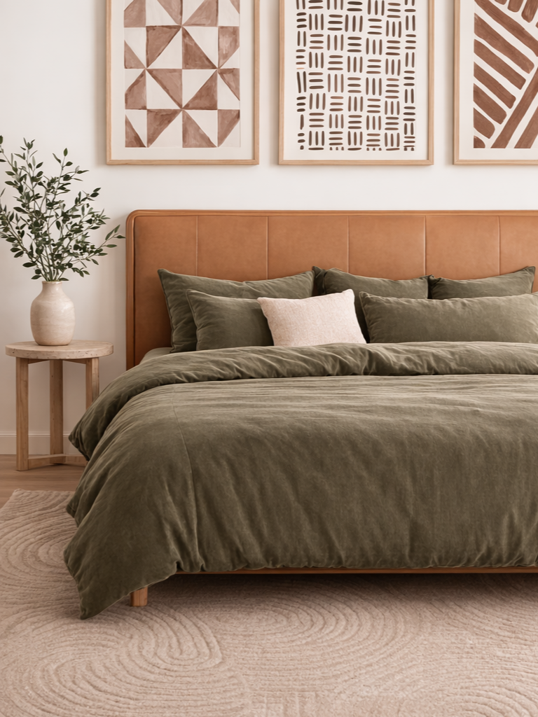 Cozy bedroom with a green bedspread and matching pillows, tan leather headboard, wooden side table with a potted plant, and abstract art prints on the wall.