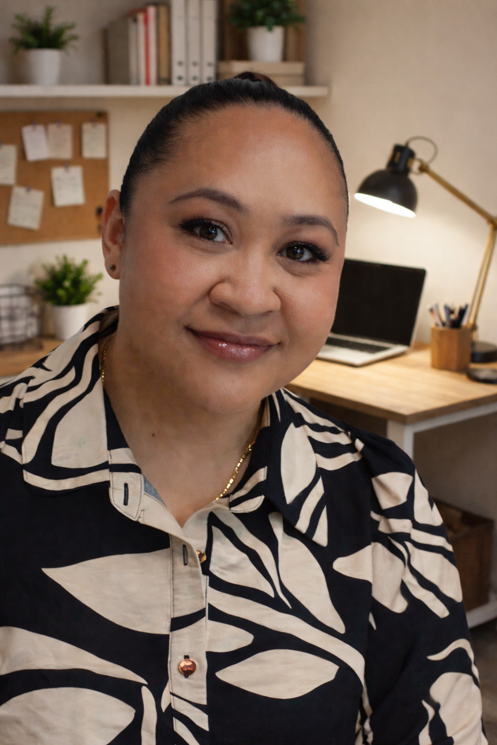 A woman smiling in a home office with a desk, laptop, desk lamp, and potted plants in the background.
