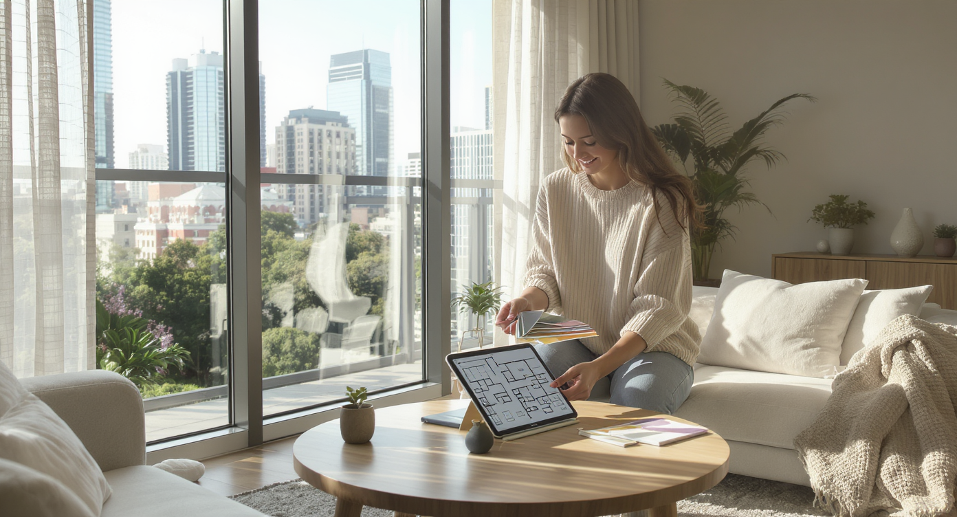 A woman sitting on a beige sofa in a sunlit apartment with large windows, looking at a device on a round wooden table, with a view of city skyscrapers outside.