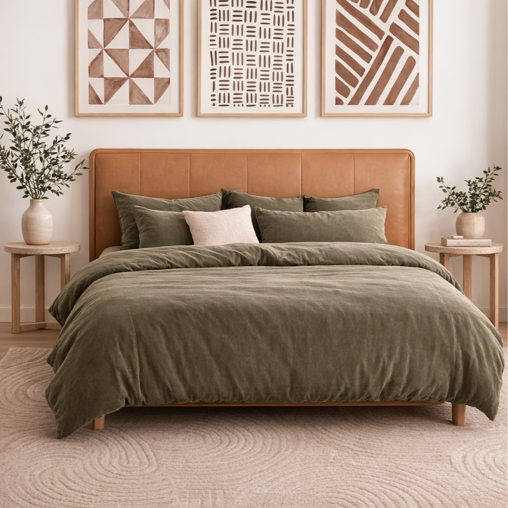 A neatly made bed with green bedding and multiple pillows, with wooden side tables on each side holding potted plants, and framed abstract art above the bed in a cozy bedroom.