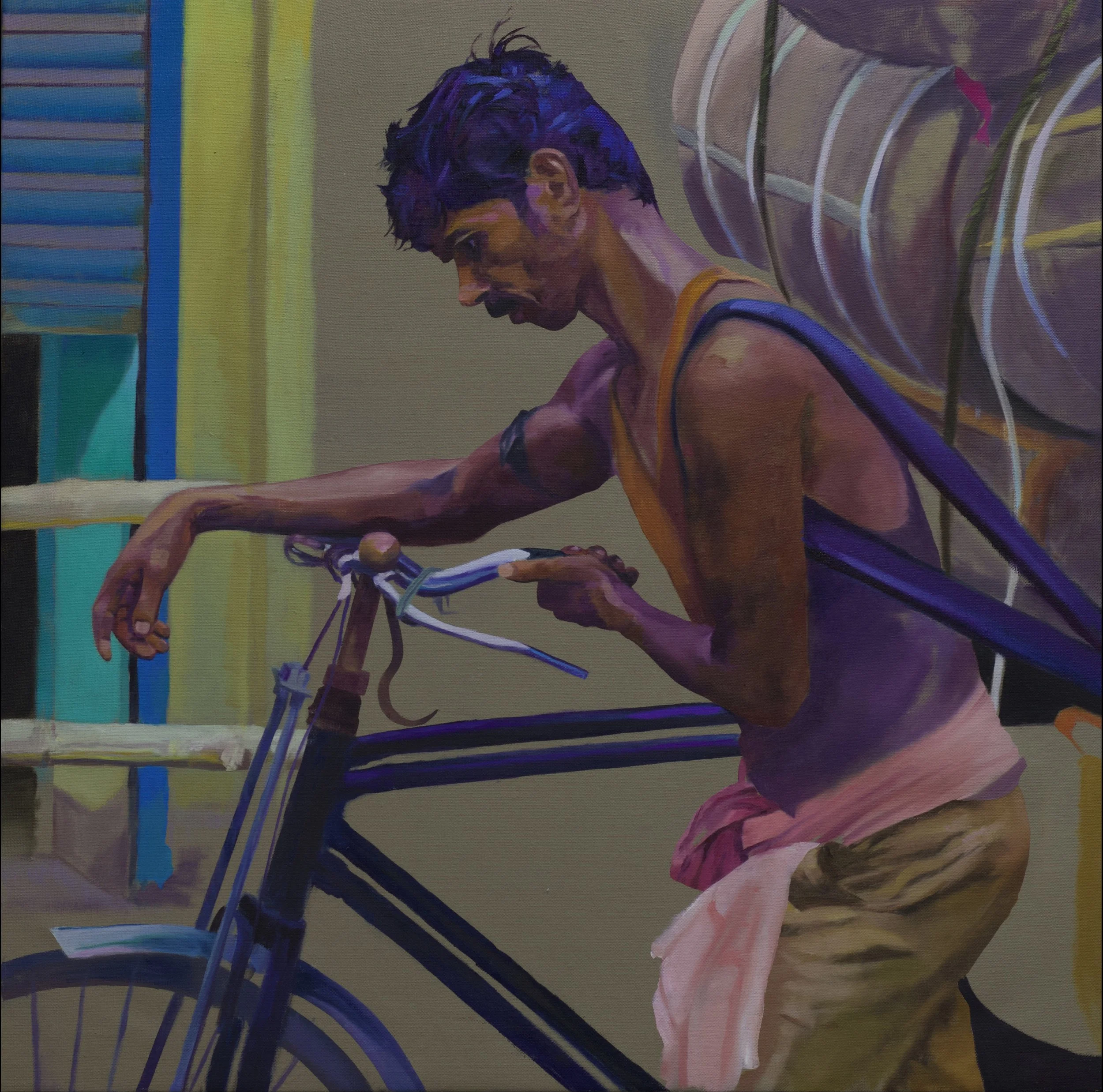 A painting of a man with short dark hair, wearing a sleeveless orange shirt, looking downward while connecting wires to a small device, with colorful background elements including blue, green, and purple hues.
