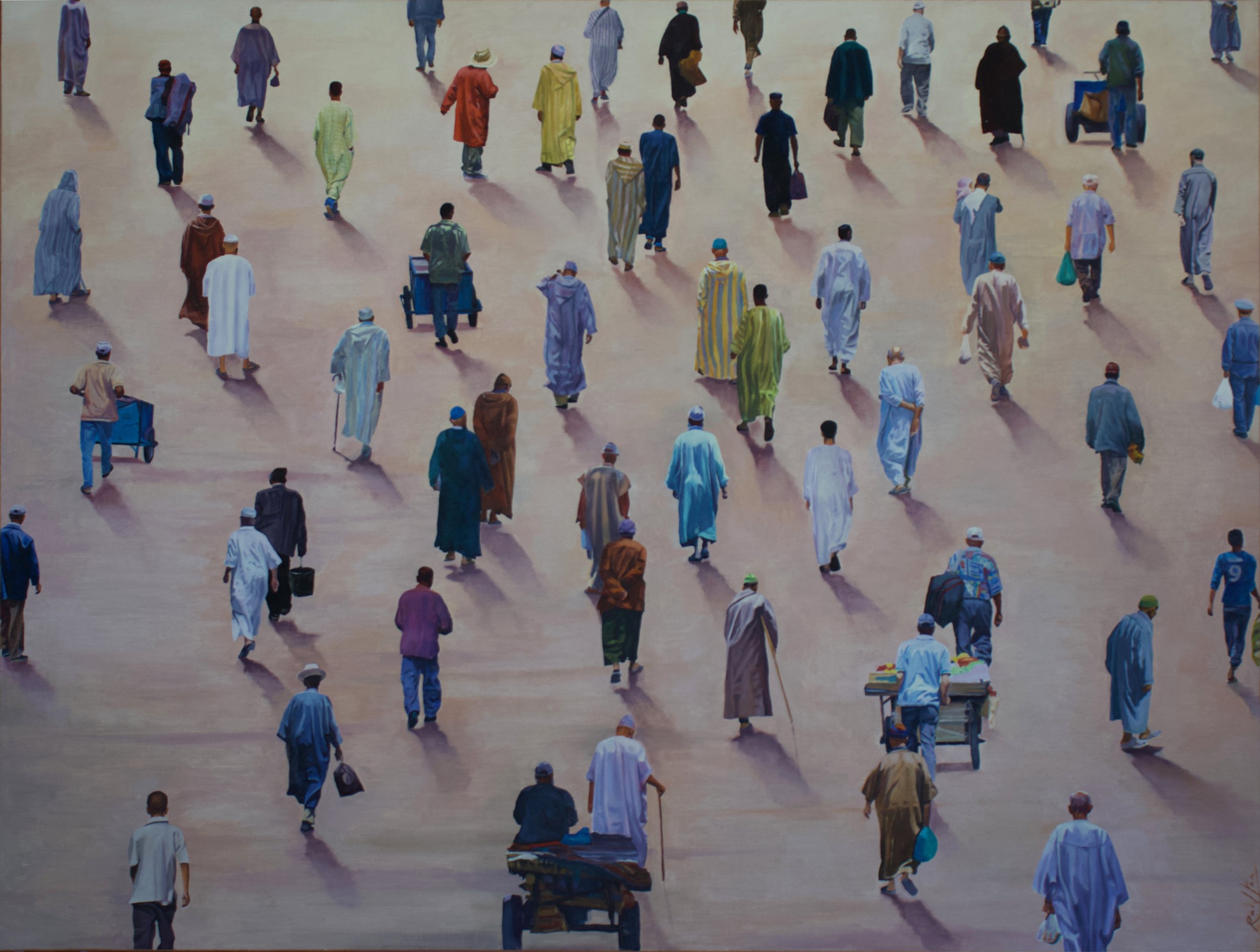 Painting of many men walking across a flat, open area, with some pushing carts or carrying bags, dressed in traditional robes and head coverings.
